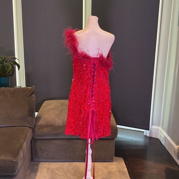 Women’s Pink Short Feather & Sequin One Shoulder Prom Party Dress Size 14 *READ - Picture 6 of 16